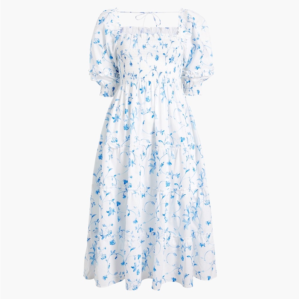 Hill House White Cotton Midi Dress with Blue Floral Print